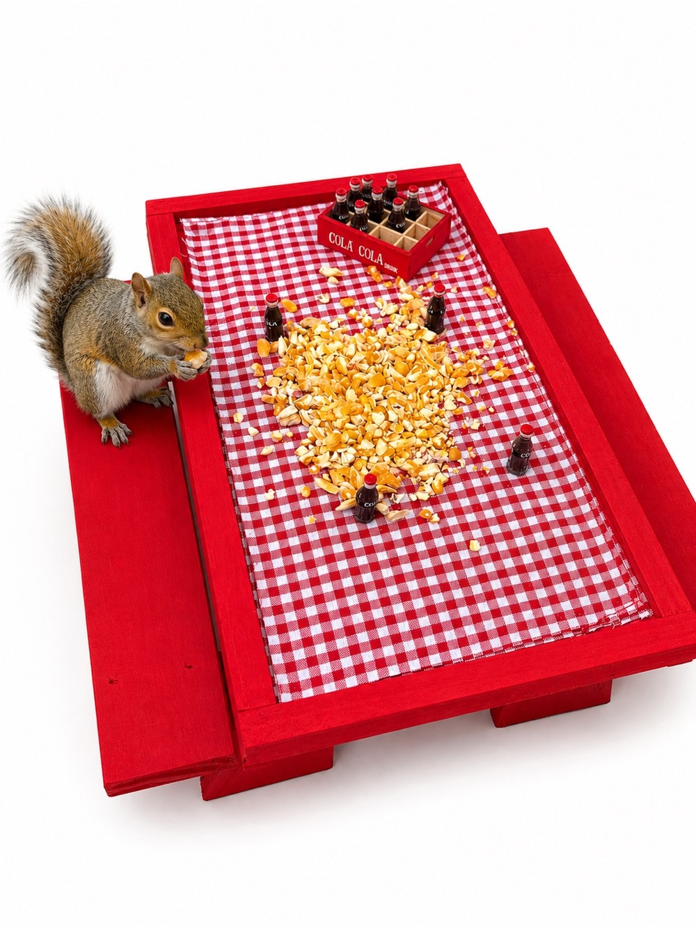 Red Miniature Picnic Table with Red checked tablecloth